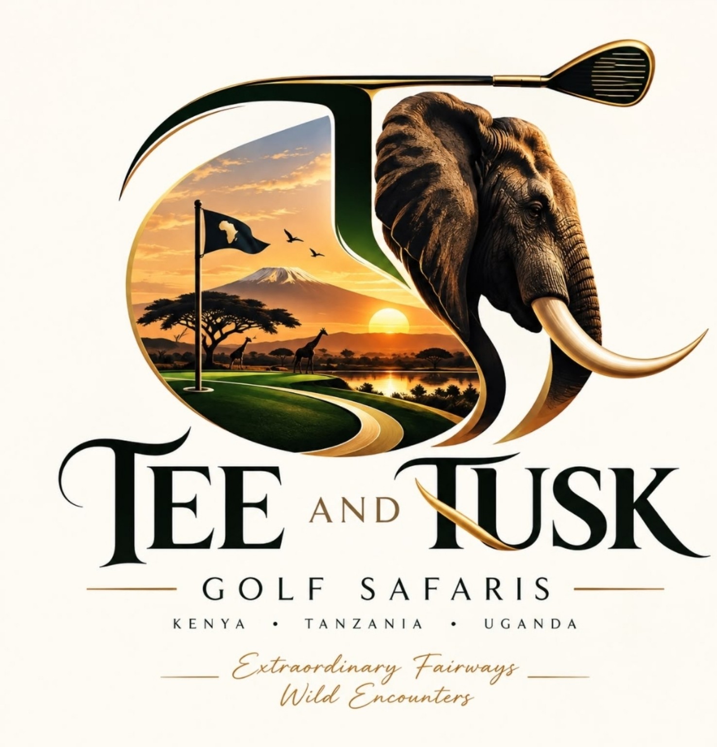 Tee & Tusk Safaris logo with an elephant, golf club, Mount Kilimanjaro, and the tagline Golf Safaris.