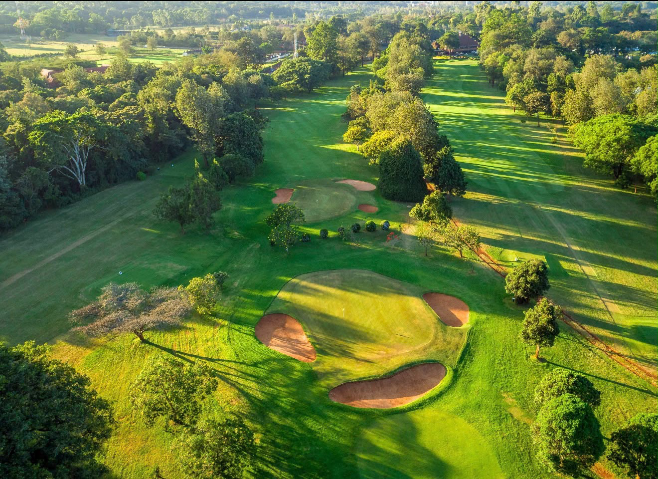 Aerial view of a lush green golf course with tree-lined fairways and sand bunkers.